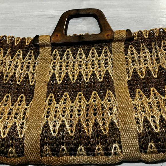 Vintage Woven Jute Tote - 1970s - Faux Wood Handle - Picture 2 of 4